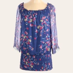 🌺 INC International Concepts 100% Silk Blue Floral Peasant Blouse Size 2